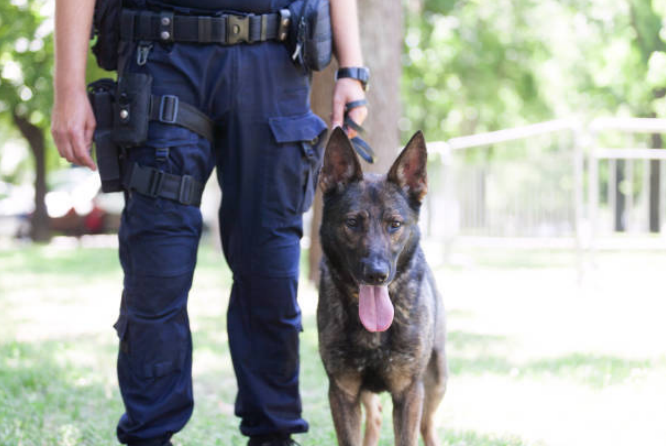 A Policeman patrolling with a Belgian Malinois
