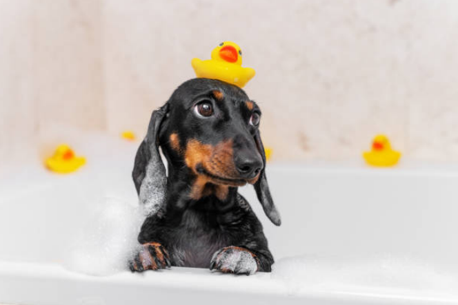 A puppy taking a shower in a bathtub