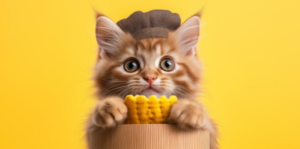 Kitten eating corn