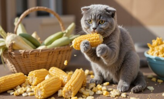 Cat eating corn