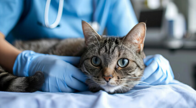 Vet checking a sick cat during a health exam