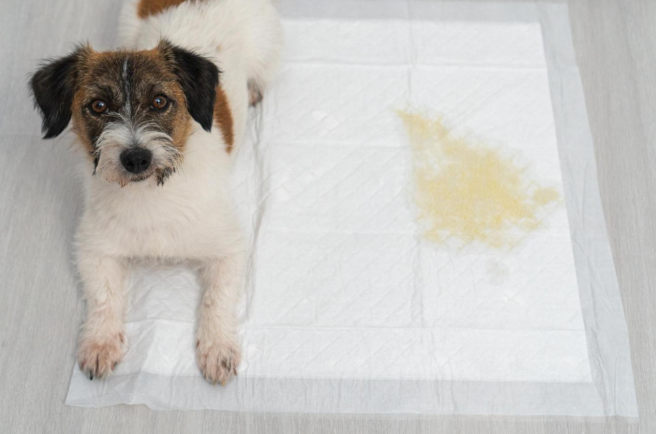 dog sitting on a waste sheet having diarrhea