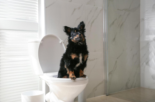 dog using toilet having diarrhea