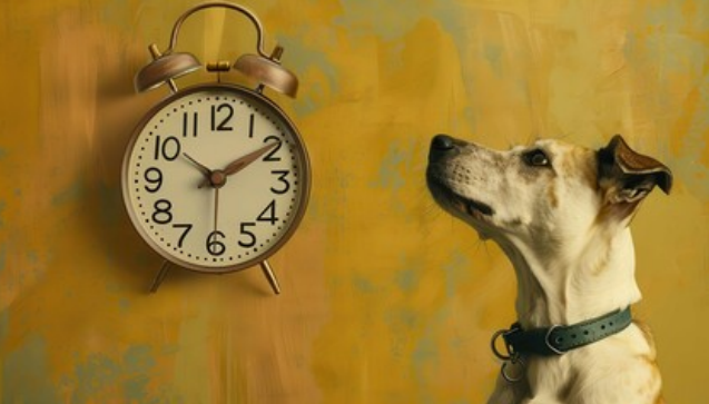 Dog looking towards a clock