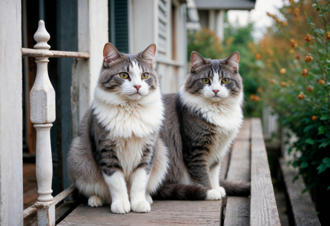 two norwegian forest cat sitting together 