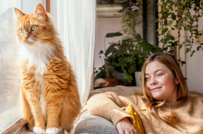 female maine coon cat looking outside the window