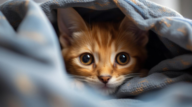 brown cat peeking through a blanket