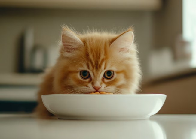kitten looking into bowl