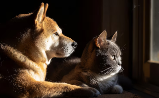 Cat sitting right next to dog