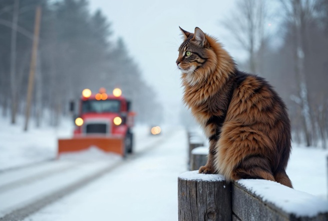groomed siberian cat sitting outside in snow
