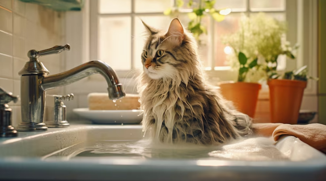 Cat sitting in the sink