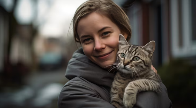 girl hugging cat