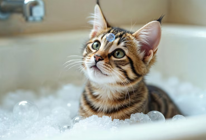 cat getting bath
