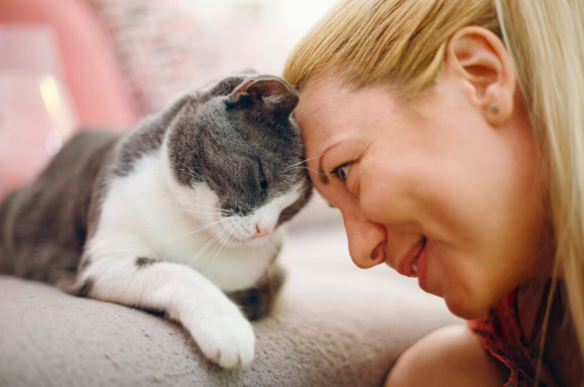 cat and owner joining heads