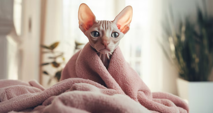 Cat wrapped in towel
