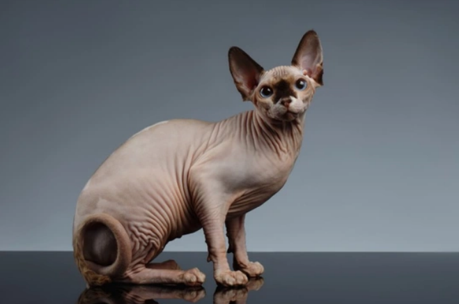 donskoy cat sitting on black floor