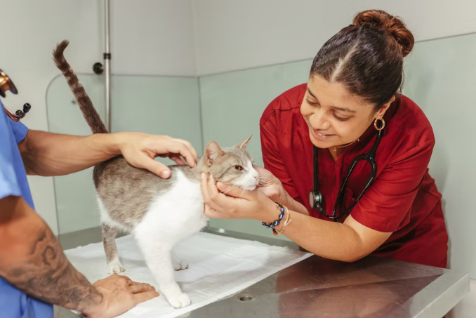 A vet inspecting a cat chin’s for mites