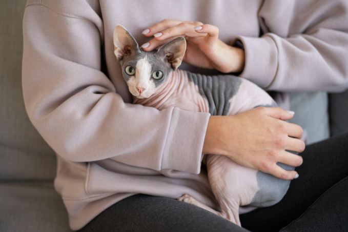 A hairless cat sitting in a woman’s lap