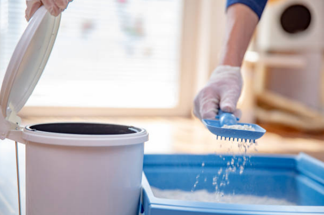 Person scooping unscented litter from the box