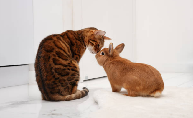 First eye meeting between a cat and a rabbit