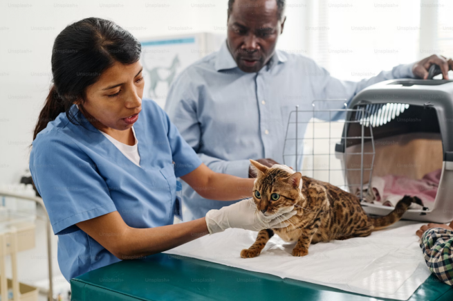 Veterinarian examining a Bengal cat on a table while the owner watches nearby