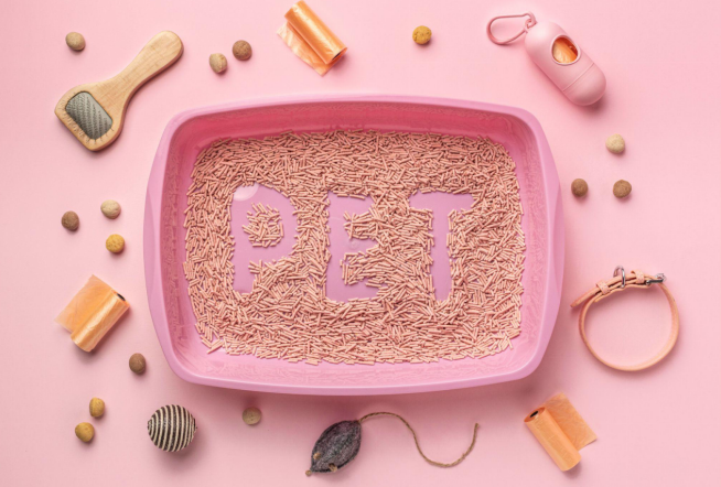 Pink litter box with PET written in litter, surrounded by pet items