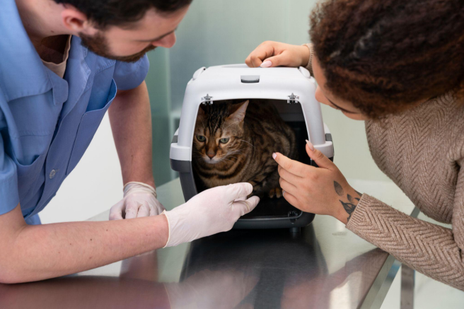 Veterinarian and cat owner looking at a Bengal cat inside a pet carrier on a clinic table