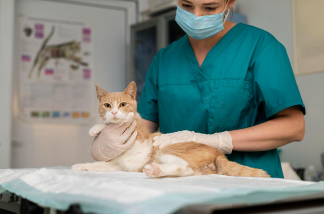 Veterinarian examining a calm orange and white cat on a medical table