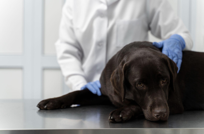 Veterinarian examining a dog with digestive issues