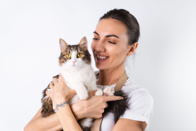 Woman smiling while holding a fluffy cat in her arms against a white background.