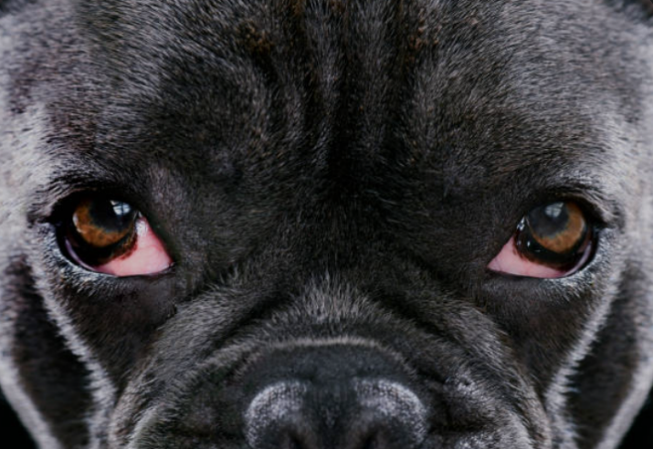 A close-up of a dog with red, irritated eyes and visible swelling in the lower lids A close-up of a dog with red, irritated eyes and visible swelling in the lower lids