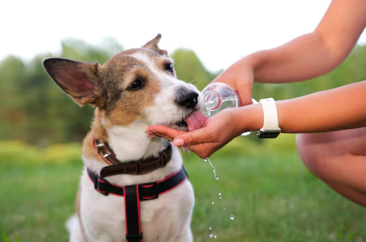 A dog drinking water from its owner’s bottle