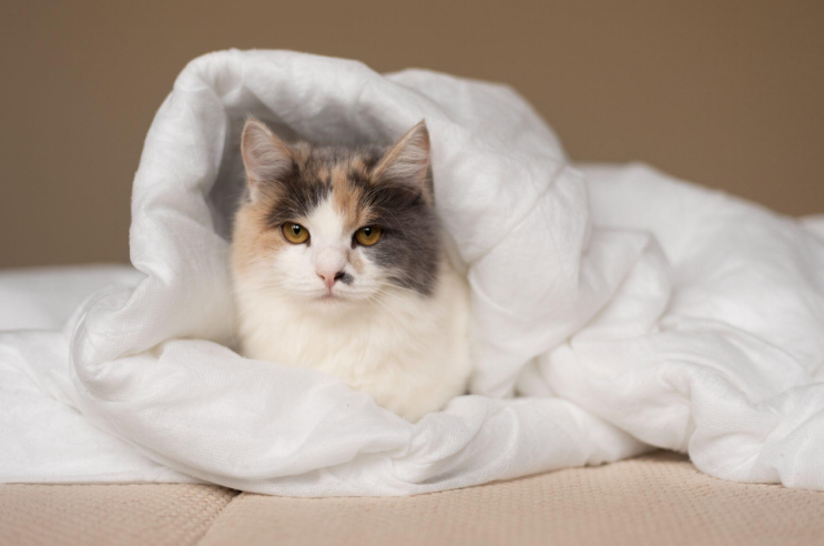 Fluffy cat resting in a white blanket