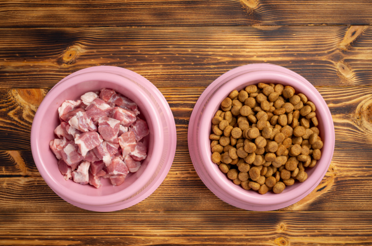 Two pink bowls on a wooden surface, one filled with raw meat chunks and the other with dry dog kibble.