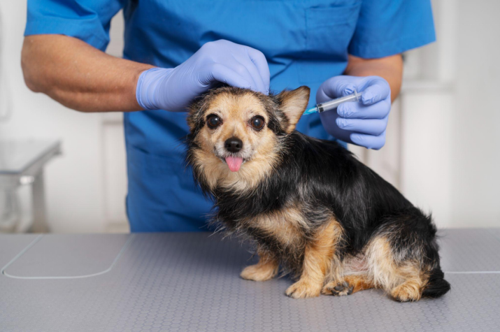 A vet giving a small dog a shot while the pup sticks its tongue out
