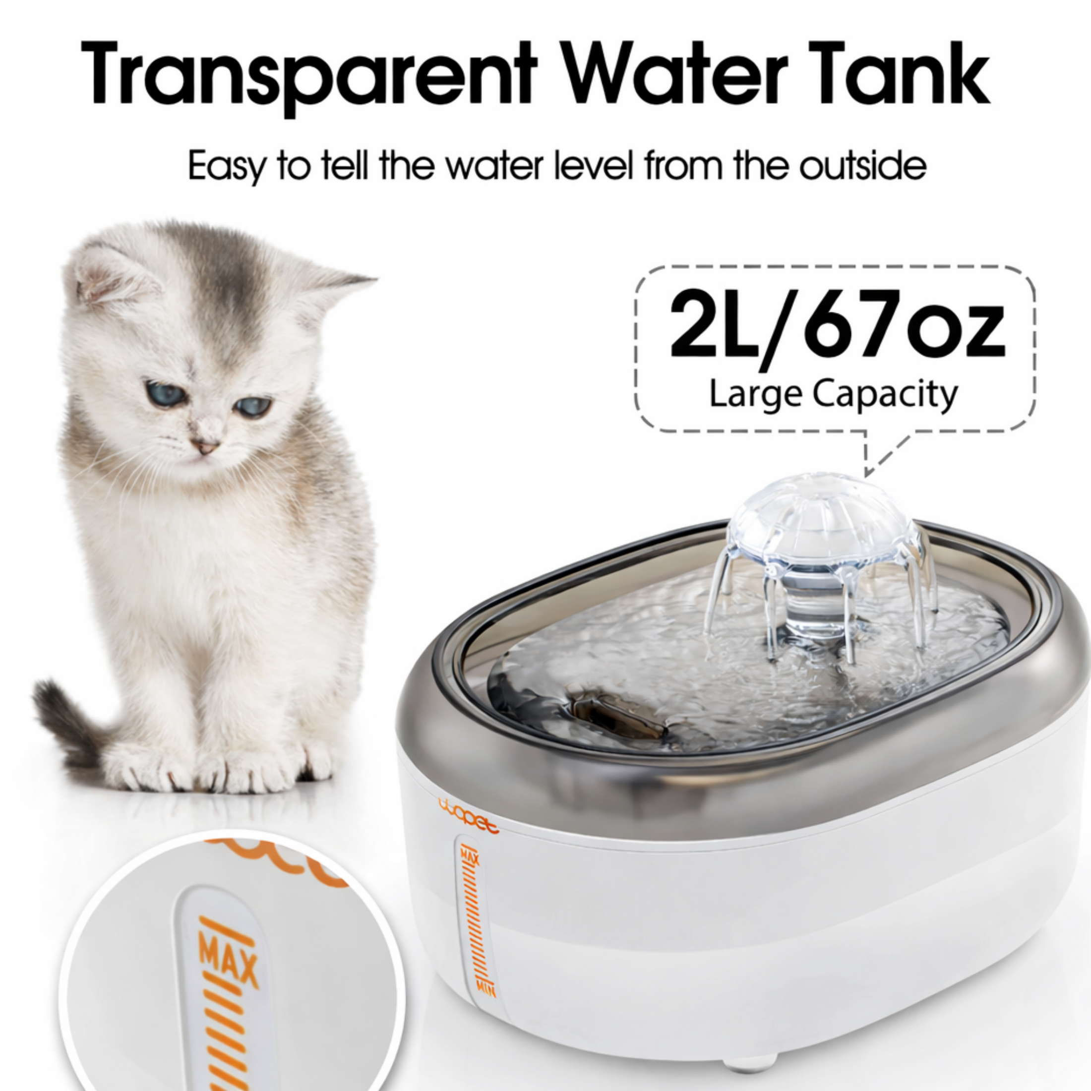 WOPET Cat Water Fountain, 2L Automatic Pet Water Dispenser for Cats & Small Dogs W300-GY