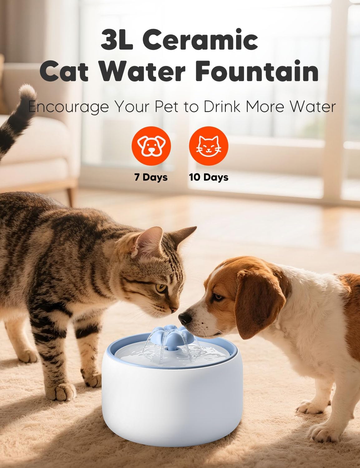[Blue] WOPET W03 LITE 3L Premium Ceramic Pet Water Fountain for Cats or small Dogs