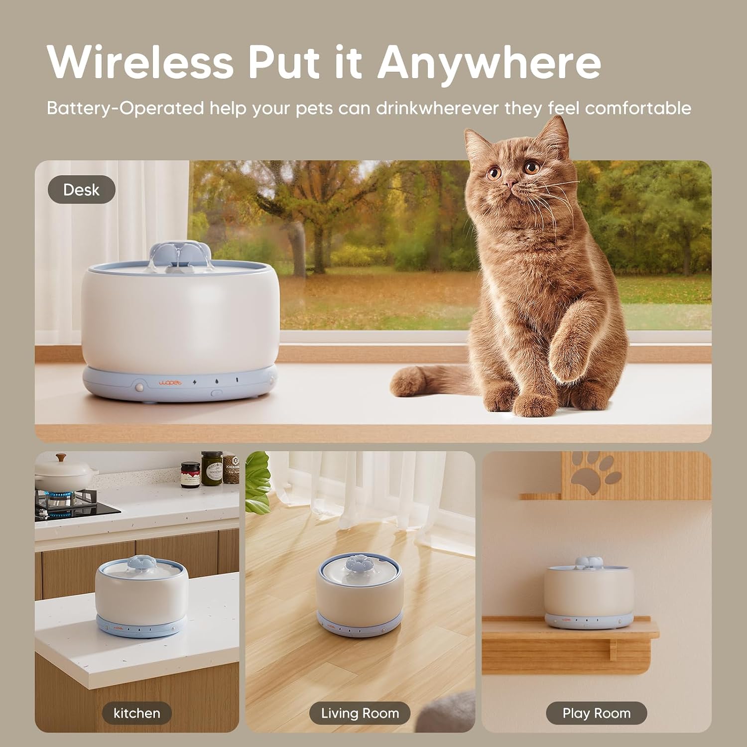 [Blue] WOpet W03 Ceramic Cordless Pet Water Fountain For Cats or Small Dogs