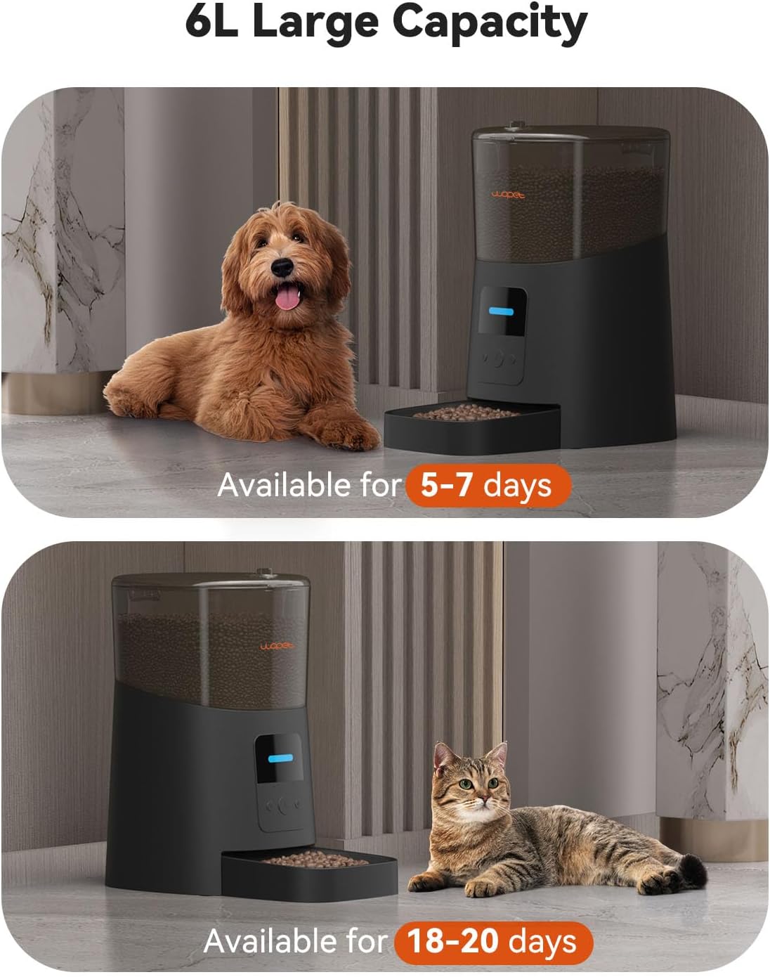 [Black] WOPET F07 Pro 6L Automatic Cat Feeder, Voice Recorder WiFi Remote Control